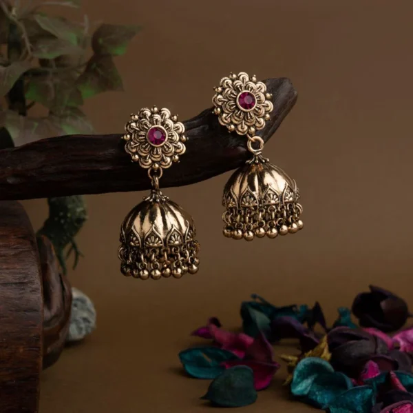 ANN Gold Plated Floral Designed Artwork Stone Studded Antique Jhumki Earring