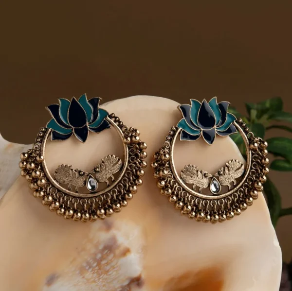 ANN Gold Plated Lotus Designed Dual Colored Enamel With Beads Designed Antique Earring