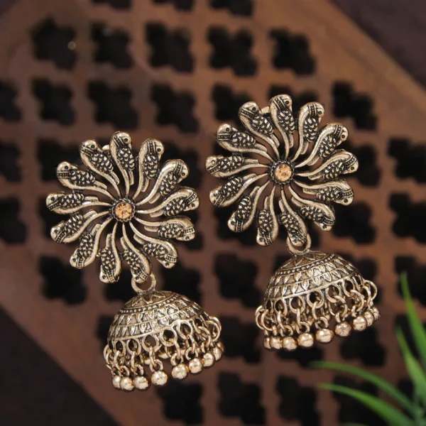 ANN Antique Gold/Silver Plated Floral Peacock Design Hanging Beads Jhumki Earring